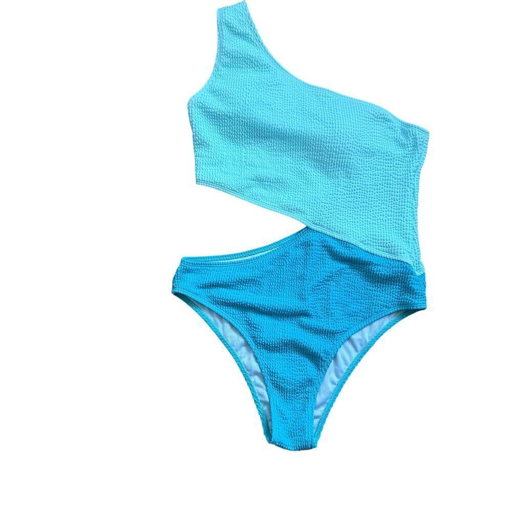 Colorblock Two Toned Blue One Shoulder Cut Out One Piece Swimsuit Size L